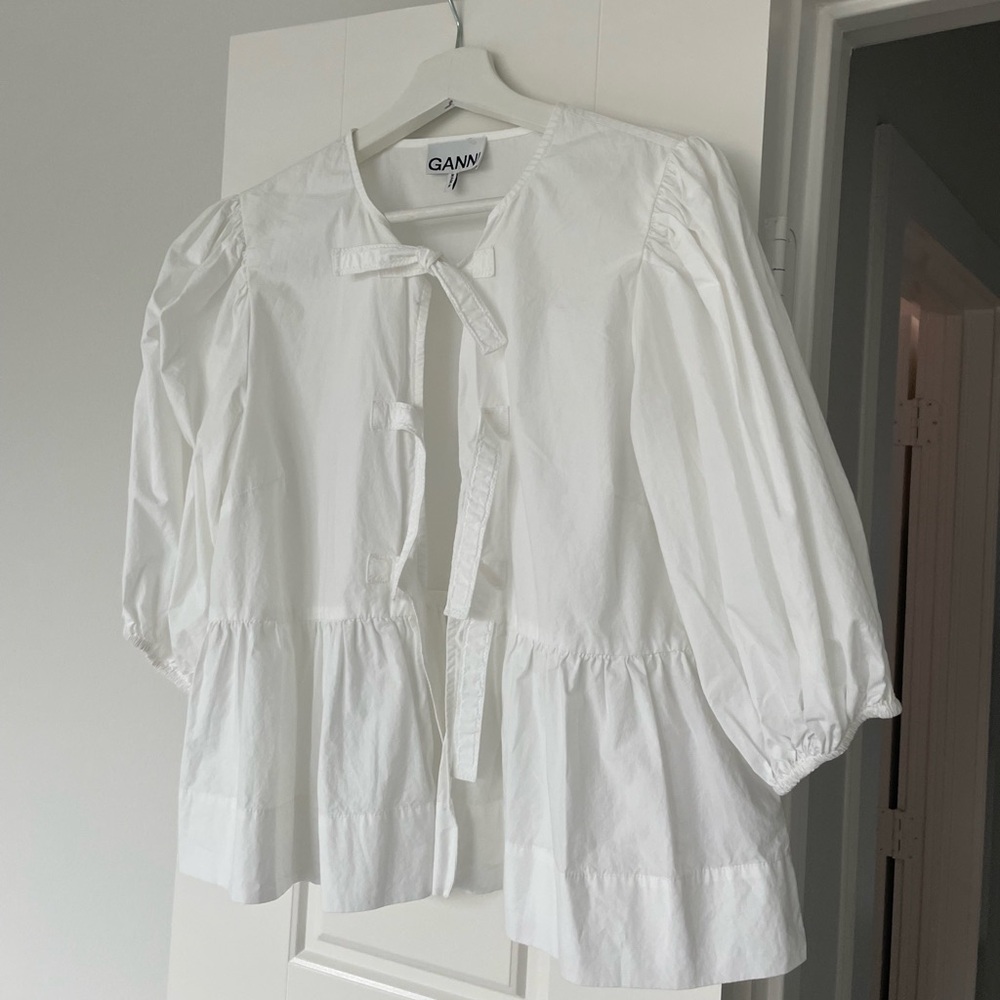 Ganni White Cotton Tie-Front Blouse with Puff Sleeves